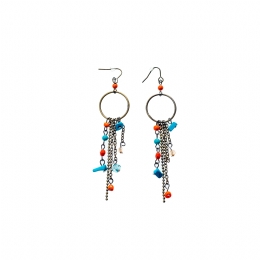Antique gold hanging hoops earrings with chains and orange and turquoise beads
