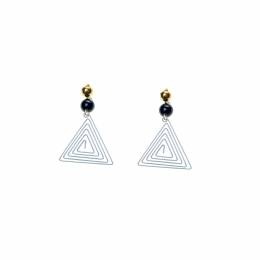 Long earrings with hanging white perforated triangle and black bead