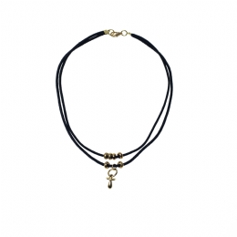 Διπλό κοντό κολιέ με μαύρο κορδόνι, χρυσαφί πιπίλα και μεταλλικές χάντρες