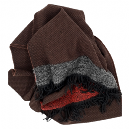 Καφέ ιταλική μάλλινη εσάρπα - blanket με μπουκλέ γκρι και κόκκινη μπορντούρα