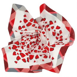 Λευκή μαντήλα με κόκκινες καρδιές και καρό μπορντούρα με αίσθηση μεταξιού