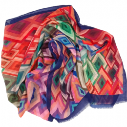 Wide italian scarf with green, coral and purple rhombus