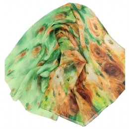 Italian pistachio and lime wide scarf with beige, salmon and brown flowers