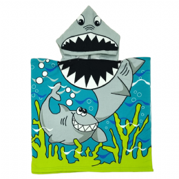 Πετρόλ και lime παιδικό πόντσο-πετσέτα με γκρι καρχαρίες