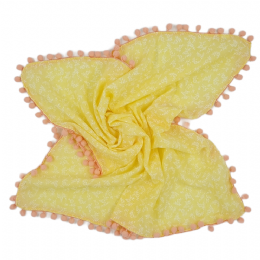 Κίτρινο lemon τετράγωνο μαντήλι με λευκά λουλουδάκια και ροζ pom pom απο σύμμεικτο βαμβάκι
