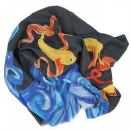 Ανθρακί φαρδύ Ιταλικό φουλάρι με goldfishes από σύμμεικτο cashmere