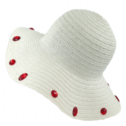 Λευκό ψάθινο καπέλο με κόκκινες πέτρες