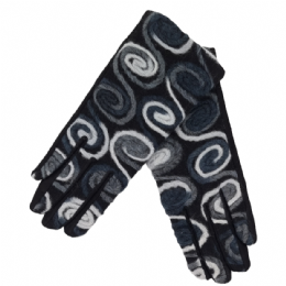 Μαύρα ελαστικά γυναικεία γάντια με γκρι και ανθρακί πλεκτά κυκλικά σχέδια και λούτρινη επένδυση