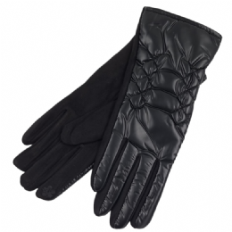 Μαύρα ελαστικά γυναικεία γάντια με γυαλιστερή φουσκωτή όψη και λούτρινη επένδυση