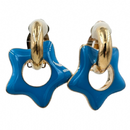 Χρυσαφί κλιπ σκουλαρίκια με κρεμαστά αστέρια από τιρκουάζ σμάλτο