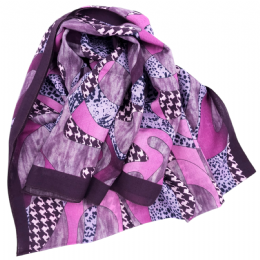 Ιταλικό φαρδύ μάλλινο φουλάρι Animal print και pied de poule σε μωβ και δαμασκηνί αποχρώσεις