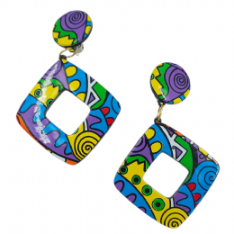 Ρόμβοι clip σκουλαρίκια με τιρκουάζ, λιλά, κίτρινά και πράσινα aztec print
