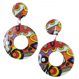 Κυκλικά clip σκουλαρίκια με κόκκινα, λιλά, κίτρινα και πορτοκαλί aztec print