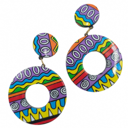 Κυκλικά clip σκουλαρίκια με λιλά, κίτρινα και κόκκινα aztec print