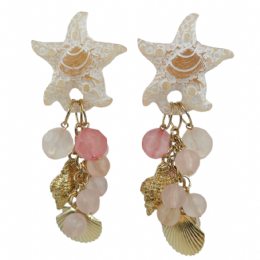 Clip σκουλαρίκια με αστερίες,κρεμαστά χρυσαφί κοχύλια και ροζ χάντρες 