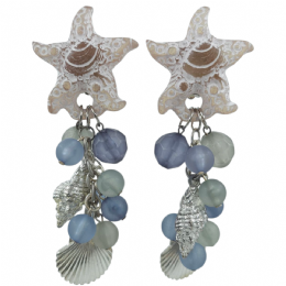 Clip σκουλαρίκια με αστερίες,κρεμαστά ασημί κοχύλια και γαλάζιες χάντρες 