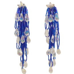 Μακριά clip σκουλαρίκια με μπλε royal χάντρες και διάφανα κρυσταλλάκια 