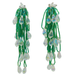 Μακριά clip σκουλαρίκια με πράσινες χάντρες και διάφανα κρυσταλλάκια 