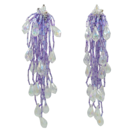 Μακριά clip σκουλαρίκια με λιλά χάντρες και διάφανα κρυσταλλάκια 