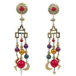 Χρυσαφί σφυρήλατα μακριά clip σκουλαρίκια με χρωματιστές πέρλες, αστέρια και φεγγαράκια