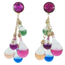 Χρυσαφί μακριά clip σκουλαρίκια με φούξια πέρλες και χρωματιστά liquid drops