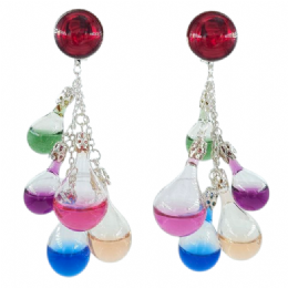 Ασημί μακριά clip σκουλαρίκια με κόκκινες πέρλες και χρωματιστά liquid drops