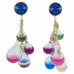 Χρυσαφί μακριά clip σκουλαρίκια με royal μπλε πέρλες και χρωματιστά liquid drops