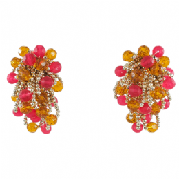 Fancy clip σκουλαρίκια με χρυσαφί dot αλυσίδες και κοραλί - μελί πολυγωνικές χάντρες