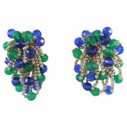 Fancy clip σκουλαρίκια με χρυσαφί dot αλυσίδες και royal μπλε - πράσινες πολυγωνικές χάντρες