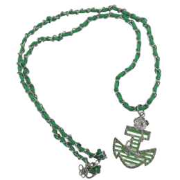 Μακρύ κολιέ αλυσίδα με πράσινο πλεκτό κορδόνι και Άγκυρα με στρας