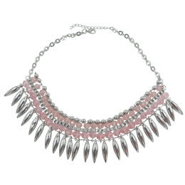 Κοντό κολιέ αλυσίδα με ροζ κρυσταλλάκια και ασημί drops