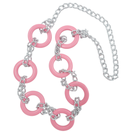 Μακρύ κολιέ με σφυρήλατη ασημί αλυσίδα και μεγάλους ροζ πλαστικούς κρίκους