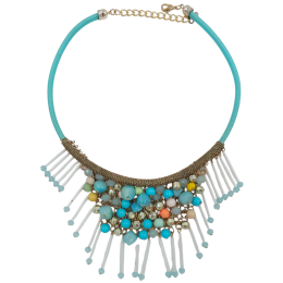 Κοντό γαλάζιο κολιέ με χρυσαφί και γαλάζιες pastel χάντρες και λευκά rain drops