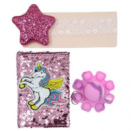 Gift box με σημειωματάριο Unicorn, κορδέλα μαλλιών με sparkling αστέρι και ροζ pop it 