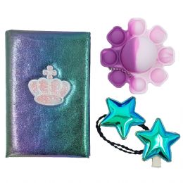 Gift box με ιριδίζον σημειωματάριο Crown, λαστιχάκι και κλιπ μαλλιών αστεράκια και ροζ pop it