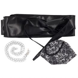 Gift box με γυναικεία μαύρη ζώνη one size, μάσκα KN95 lace print και ασημί σφυρήλατη αλυσίδα γυαλιών και μάσκας 