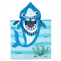 Γαλάζιο ριγέ παιδικό πόντσο-πετσέτα με καρχαρία